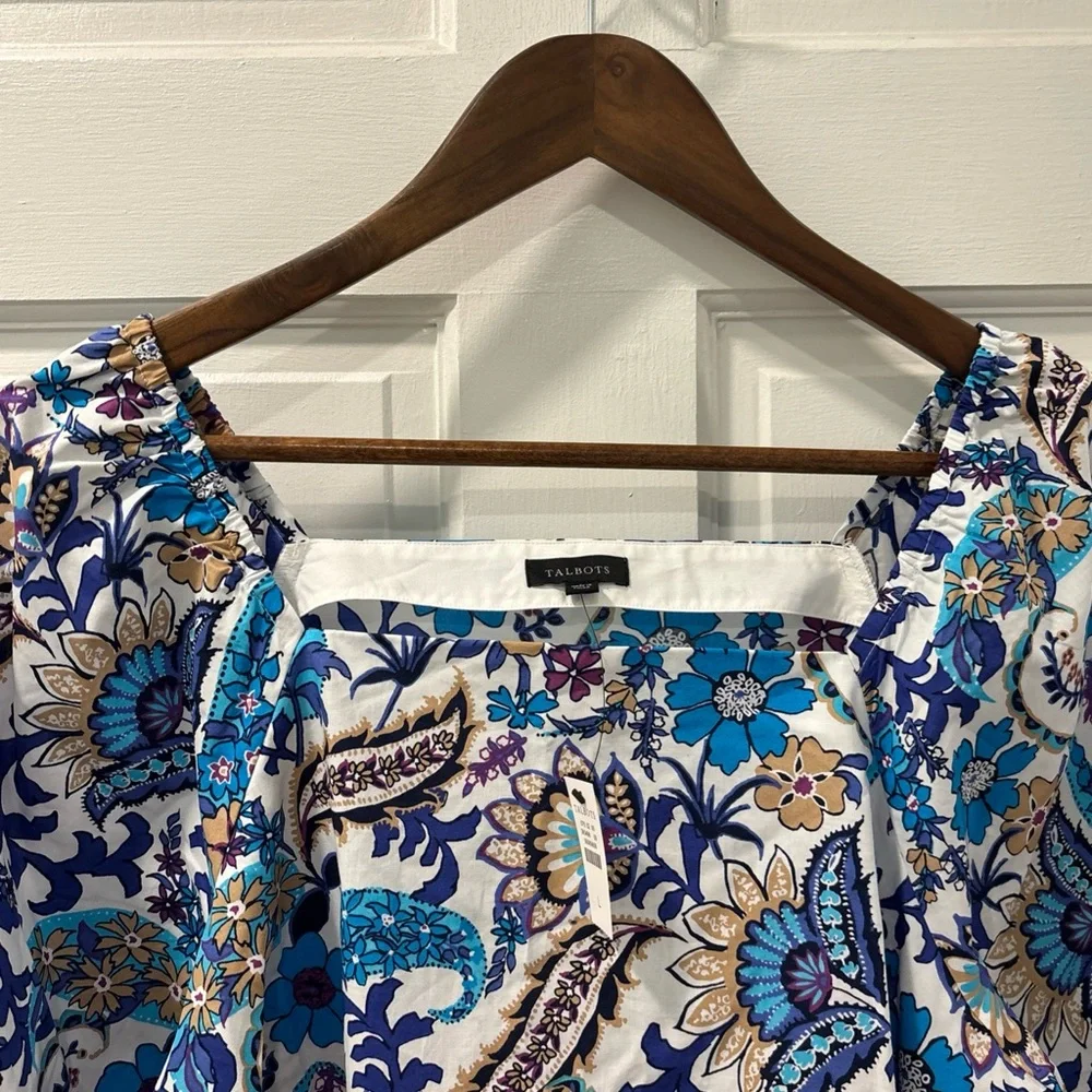 Talbots Blue, White and Tan Paisley Floral Square-Neck Blouse - Picture 7 of 9